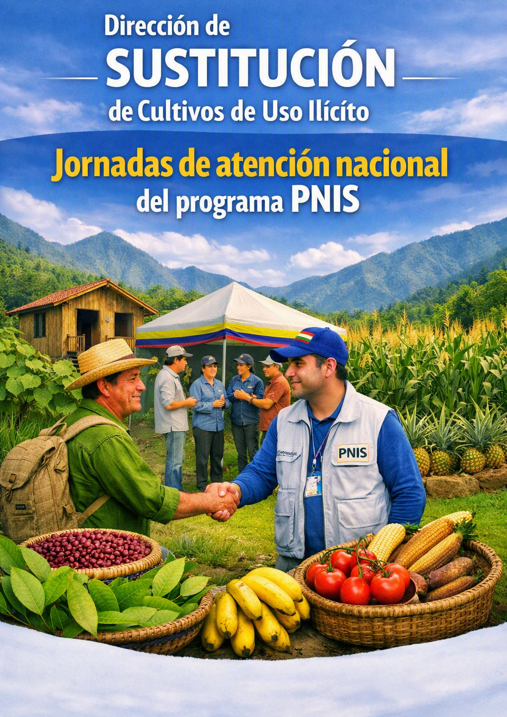 Pieza promocional de las Jornadas de Atención Nacional del Programa PNIS, con familias campesinas, productos agrícolas y personal del programa